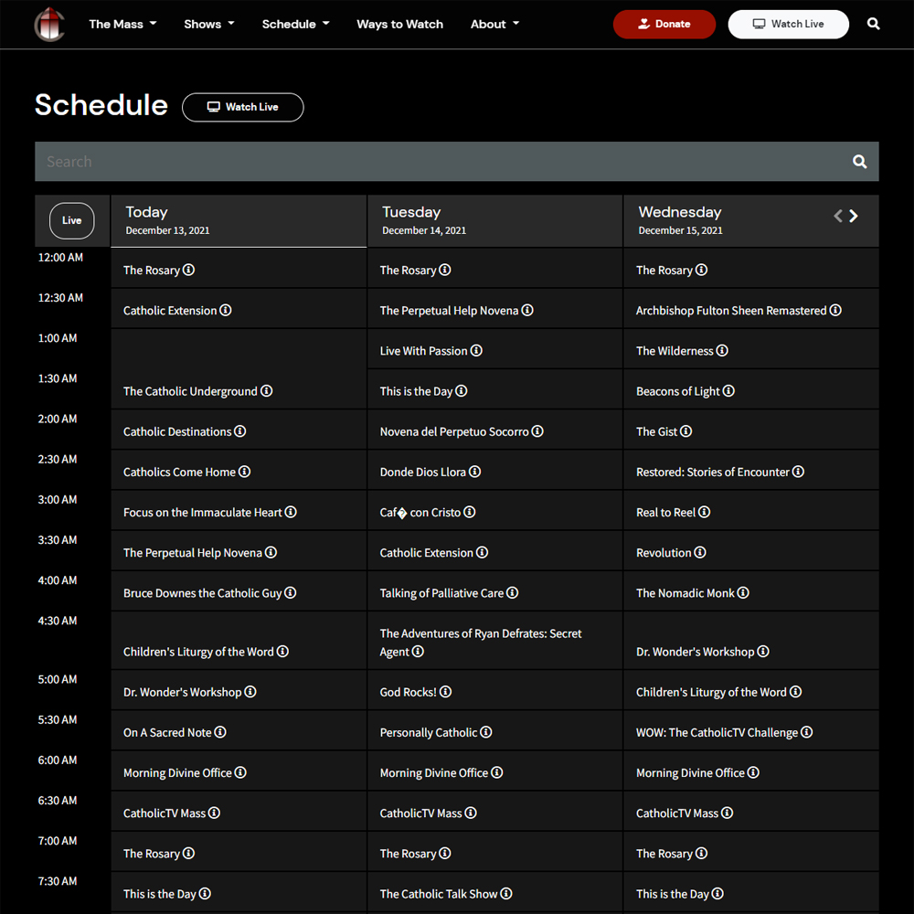 CatholicTV full schedule of shows